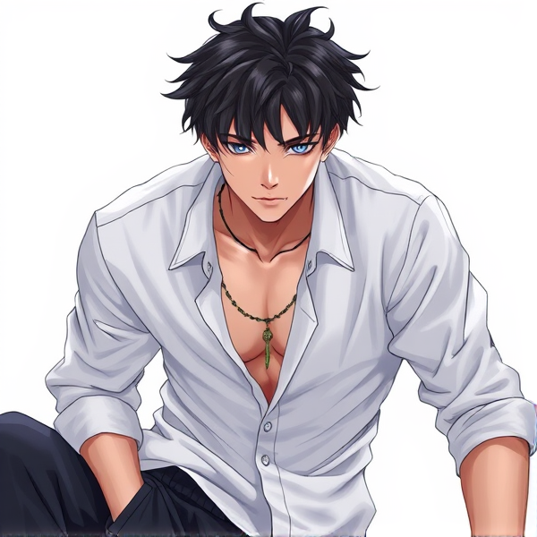 Anime character, male, white shirt, black sweat pants