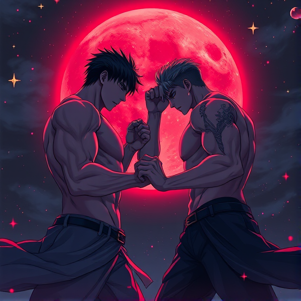 2 jacked men in a fighting position with a glowing red moon in the dead of night with shining stars