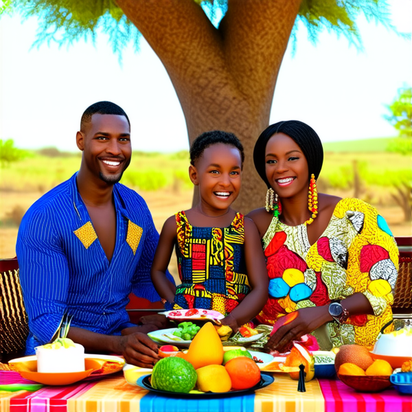 prompt: Un grand repas de famille traditionnel en plein air sous un baobab en Afrique, avec des plats locaux colorés et variés, des fruits exotiques, une grande nappe colorée, des hommes et femmes africains vêtus de tenues traditionnelles multicolores souriants et partageant un moment convivial