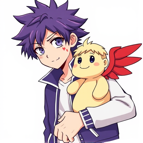 My hero academia oc. Purple fluffy hair. Varsity jacket. Scar through eye. And burn scar. Holding a fairly large plushie with.blonde hair and red wings