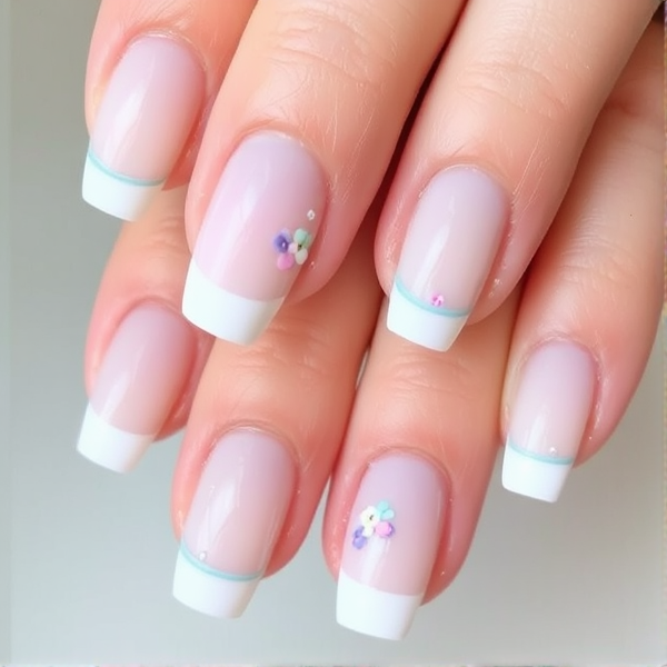 Baby white  French tip acrylic with a thin blue underline and mini flowers