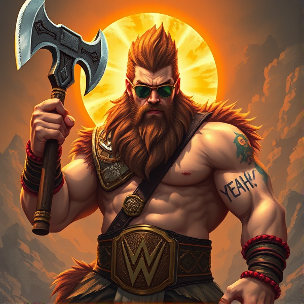 Un Wemics barbare dieux du soleil, il tien une hache dans la main, avec des poils de lion et une carrure imposante et avec la ceinture de la wwe le catcheur et ces lunettes de soleil, il a un tatoo sur le bras écris YEAH!