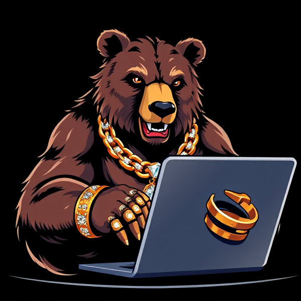 Création d'un logo énergique et audacieux, mettant en vedette un ours stylisé dans une posture assise débordante de confiance, situé devant un ordinateur portable moderne. L'ours est plongé dans le processus de composition musicale, révélant son talent artistique. Il est paré d'une chaîne en or massif incrustée de diamants étincelants qui reflètent la lumière, complétée par une collection de bijoux extravagants tels que des bagues serties de pierres précieuses, des bracelets volumineux et un pendentif fastueux. L'expression faciale de l'ours dégage une aura d'autorité et de détermination, avec des traits finement ciselés pour souligner sa personnalité dominante et son statut élite. Les couleurs doivent être vives et contrastées pour mettre en valeur chaque détail du design avec précision et netteté.