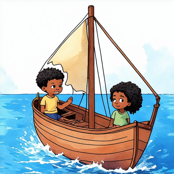 Dessin dans un style doux de livre pour enfant. deux enfants : un petit garçon noir aux cheveux bouclés noirs et une petite fille noire un peu plus petite de taille, avec des dreadlocks noires. ils rêvent d'avoir un bateau