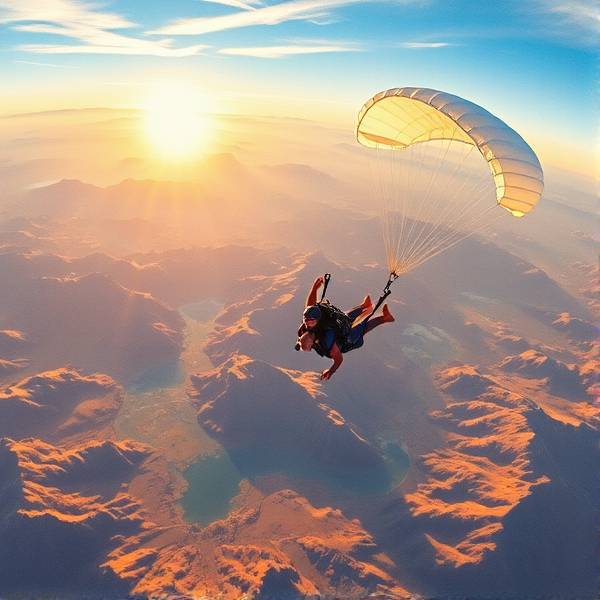 Aquarelle détaillée avec texture fine montrant en gros plan deux parachutistes en chute libre, leurs parachutes blancs pleinement ouverts reflétant le soleil couchant, flottant au-dessus d'un paysage époustouflant. Vue aérienne panoramique incluant des montagnes majestueuses, des lacs étincelants en contrebas, lumière dorée et chatoyante, nuances vibrantes