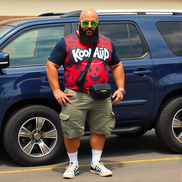 A bald 300 lb muscular man  wearing cargo shorts, a kool-aid man shirt, white socks, sketchers shoes, neon green sunglasses, cross body bag, standing next to a navy blue sienna