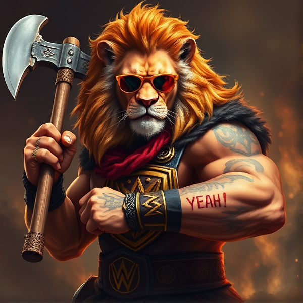 Un Lion barbare dieux du soleil une hache, avec des poils de lion et une carrure imposante et avec la ceinture de la wwe le catcheur et ces lunettes de soleil, il a un tatoo sur le bras écris YEAH!