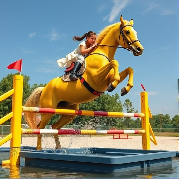 girl riding yellow colored horse jumping over very big jump with a water tray under it