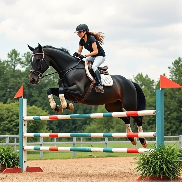 full jump image of a teenager girl jumping a oxer jump on a big black horse with white legs with full gear on
do not cut the jump out show the entire jump show the ground aswell