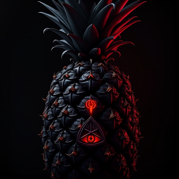 Conception d'un logo haut de gamme avec un ananas aux nuances subtiles de couleur orange, jaune et rose s'harmonisant délicatement en dégradé. Ce fruit est stylisé dans une esthétique gothique profonde et dramatique pour évoquer une atmosphère obscure et imposante. L'ananas est magnifiquement orné de motifs victoriens élaborés, entrelacés avec une grande finesse, incorporant des éléments ésotériques cachés tels que le pentacle et l'œil d'Horus dans son ornementation riche et précise. La texture suggère celle d'un cuir noir haut de gamme, soulignée par des épines minutieusement définies qui ajoutent à l'allure intimidante du design. Des yeux incrustés à la surface du fruit émettent un éclat rouge sombre, instillant au logo une présence sinistre captivante. L'esthétique globale doit refléter le raffinement mystérieux de l'époque victorienne agrémenté subtilement d'accents occultes destinés à charmer un public averti et sophistiqué.