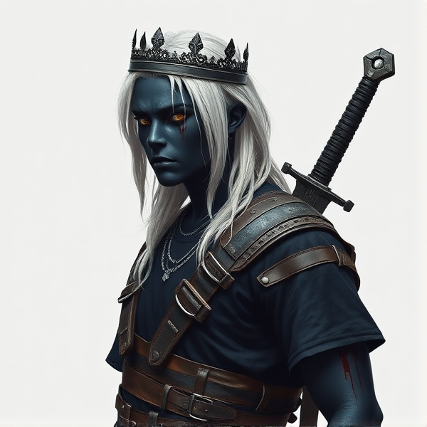 A human with completely black skin, a black tee with bandages, bounty hunter armor covering his bottom half, white hair with some blood on the right part of the hair, a black crown, a black crying entity face with no mouth, and a sword in its sheath on his back