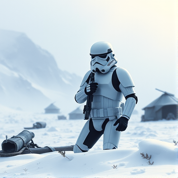 A storm trooper from Star Wars surviving on a camp on a snowy planet alone