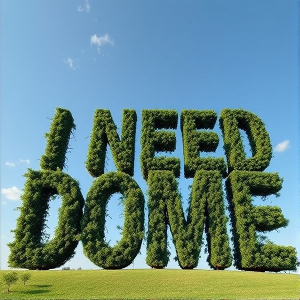 Photorealistic trees spelling out the words "I NEED DOME" with their placement