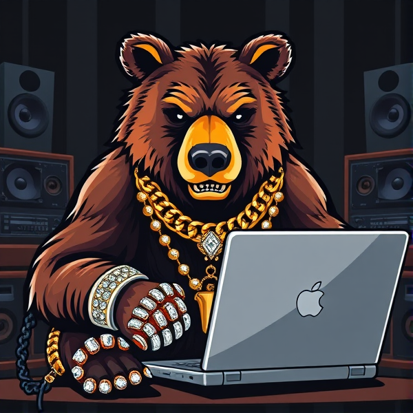 Concevez un logo énergique et audacieux mettant en vedette un ours stylisé assis fièrement dans une posture de maîtrise devant un ordinateur portable ultra-moderne, absorbé dans l'art de composer de la musique. L'ours est paré d'une chaîne épaisse en or ornée de diamants scintillants et arbore une collection de bijoux voyants, y compris des bagues incrustées de pierres précieuses, des bracelets volumineux et un pendentif somptueux. Son expression faciale dégage autorité et détermination avec des lignes nettes qui reflètent sa personnalité imposante et sa stature élite. Les couleurs utilisées devront être vives et contrastées pour mettre en valeur chaque aspect du design avec netteté et sophistication. En arrière-plan, un ensemble d'équipement audio haut de gamme enrichit la scène, renforçant ainsi le motif musical.