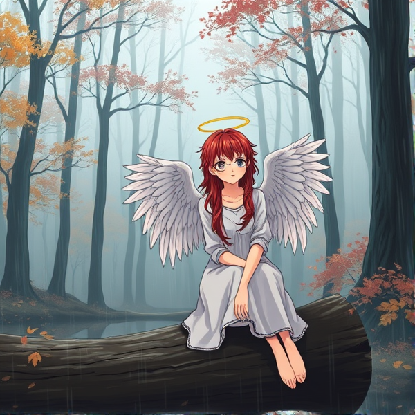 Black haired Caucasian male angel and red haired Caucasian female angel wearing glasses, sit on a log together in a rainy foggy Autumn forest in the style of anime