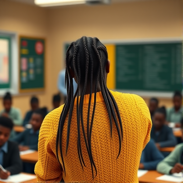 Une institutrice noire âgée de quarante ans vêtue d'un pull jaune avec des tresses africaines le dos tourné écrit au tableau dans une salle de classe avec des élèves noires