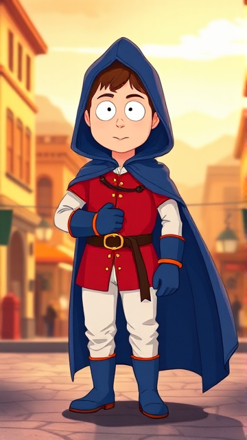 Clyde Donovan from South Park, light skin and brown hair, but as a 14-Year Old, dressed as a medieval prince with a red shirt with white sleeves, a black belt with a gold buckle, white pants, blue boots, blue long-cuffed gloves, and wreathed in a big blue hooded cape, now known as Prince Donovan. Despite still being a kid, he is the Youngest Ruler of South Park, Colorado, but now reborn as the real life Kingdom of Kupa Keep, Zaron, and Prince Donovan is its youngest and greatest hero. The young teenage prince of Kupa Keep is currently standing on stage in the city streets of the small mountain town that still exists in the kingdom, giving a touching speech to his loyal subjects.