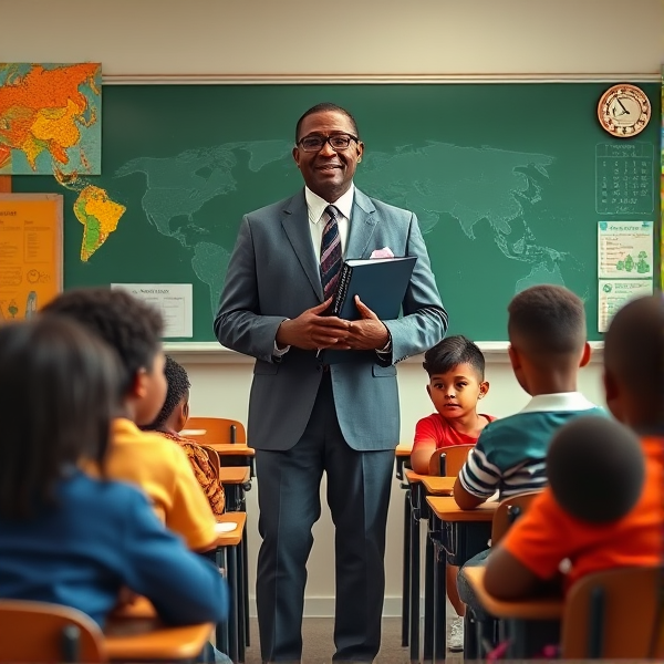 Directeur d'école afro-américain debout tenant un classeur dans ses mains portant un costume formel, dans une salle de classe avec un tableau vert, s'adressant avec bienveillance à un groupe d'élèves afro-américaines attentives de huit ans assises à leurs pupitres. Ils sont entourés de matériel pédagogique adapté à leur âge, comme des cartes géographiques, des affiches éducatives et des dessins d'enfants accrochés aux murs. La scène dégage une atmosphère chaleureuse et encourageante.