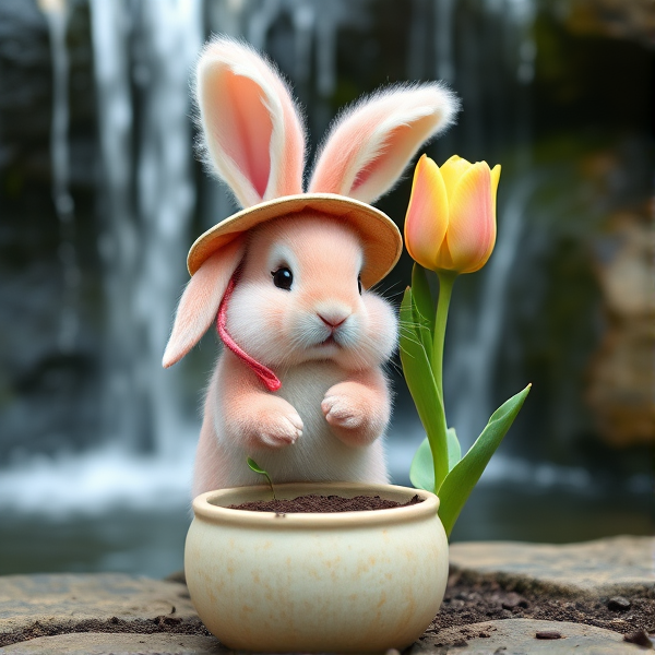 A cute mini pink fluffy hare with fluffy sagging  ears and A Sunshine hat holding a tulip in a round Jupiter looking pot with soil in front of a water fall in realism