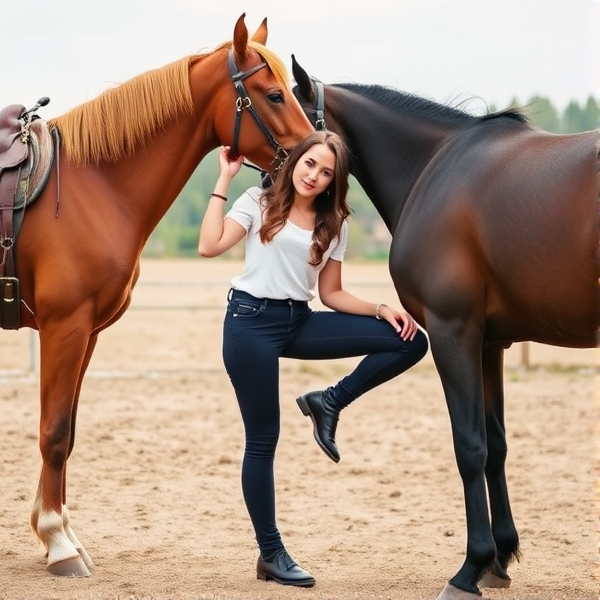 A woman is standing with 1 foot in contact with the back of one horse in the other foot in contact with the back of  another horse