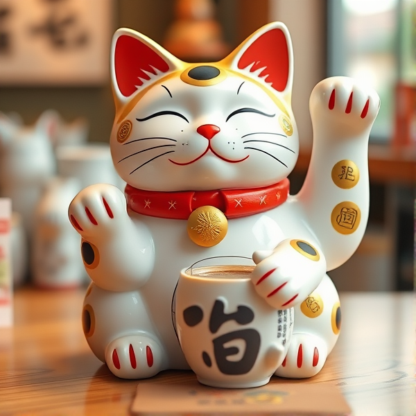 Japanese lucky cat with coffee