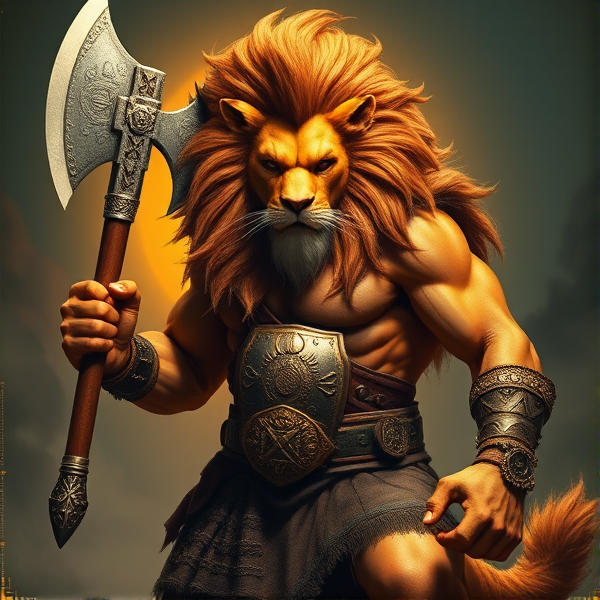 Un Lion barbare dieux du soleil une hache comme Léo escanor, avec des poils de lion et une carrure imposante et avec la ceinture de LA KNIGHT le catcheur