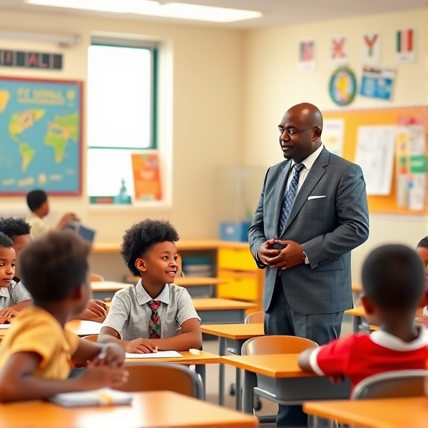 Directeur d'école afro-américain debout, portant un costume formel, dans une salle de classe lumineuse et colorée, s'adressant avec bienveillance à un groupe d'élèves afro-américaines attentives de huit ans assises à leurs pupitres. Ils sont entourés de matériel pédagogique adapté à leur âge, comme des cartes géographiques, des affiches éducatives et des dessins d'enfants accrochés aux murs. La scène dégage une atmosphère chaleureuse et encourageante.