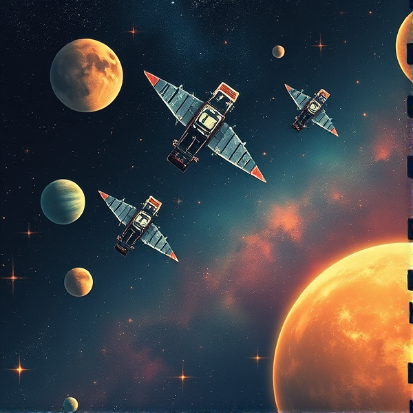 People flying through space with stars and new planets