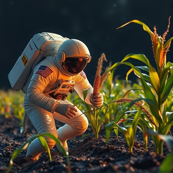 Astronaut planting corn
