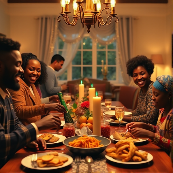 repas chaleureux d'une grande famille afro-américaine réunie autour d'une table festive, sourires et complicité, cuisine traditionnelle, intérieur accueillant