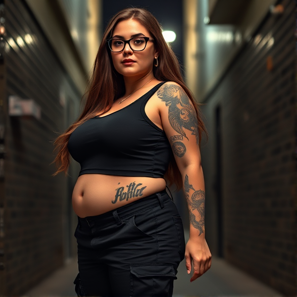 Realistic portrayal of a confident, curvy woman standing at 4’11” with a plus size figure, prominently featuring a large stomach, ample breasts, voluminous thighs, and a pronounced buttocks. She is 26 years old, sporting sleek black glasses and her flowing brown hair cascades down her back. Her body is adorned with a myriad of tattoos. Dressed in tactical black cargo pants paired with a form-fitting black tank top, she stands in the dimly lit ambience of an urban alleyway under the cover of night