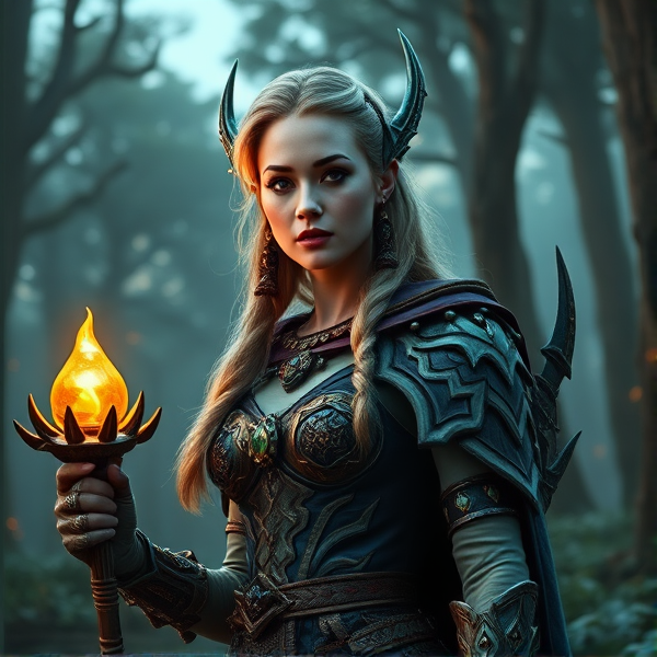 Jennifer Lawrence attired in the intricate and ornate armor of a Night Elf Druid, complete with a magical staff and thematic nature-inspired adornments, her ears elongated to elfin tips amidst an ancient World of Warcraft forest setting at twilight, radiating with luminescent flora and mystical energies.