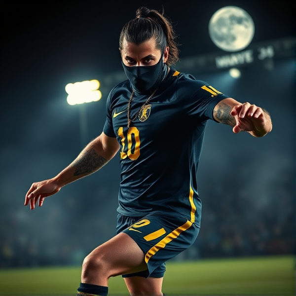 Zlatan Ibrahimovic capturé en plein élan, déchaînant un tir puissant du pied droit dans un match de football nocturne, ses muscles saillants et tendus mis en exergue par un éclairage dramatique qui sculpte son corps avec des ombres marquées et des lumières vives contrastantes. Il porte un masque de ski noir au fini métallique qui accentue son regard intense. Une chaîne dorée ornée d'un pendentif représentant le lion suédois repose sur sa poitrine athlétique, tandis qu'une bague en or sertie d'un joyau lumineux brille à son doigt. Une brume épaisse enveloppe mystérieusement le terrain, alors que des projecteurs percent la pénombre pour révéler des spectateurs flous en arrière-plan. Le numéro 10 se détache avec éclat sur son maillot aux couleurs de la Suède - bleu et jaune - symbolisant sa fierté nationale. En position dominante tel un prédateur sur le point d'attaquer, Zlatan impose sa présence aux adversaires invisibles avec assurance et une expression intense de concentration pure. Les tatouages complexifiant ses bras racontent l'histoire de ses triomphes sportifs tandis que ses yeux reflètent une lueur métallique tranchante sous la bienveillance d'une lune argentée qui ajoute une dimension surnaturelle et presque théâtrale. Fantôme de joueurs légendaires de soccer valsant sur le terrain