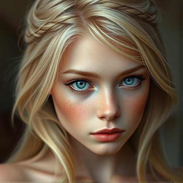 blonde teen, big blue eyes, a few light freckles full body view