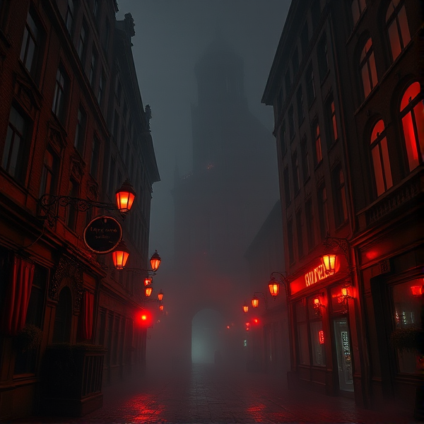 Can you please make an image of the setting. It’s Called Blood Light District and it’s sort of inspired to Red Light District but Blood Light is a gothic historic vampire theming there are red light fog and darkness 
it’s a cool sexy place that can de alluring and intimidating  
There are openings with red curtains
