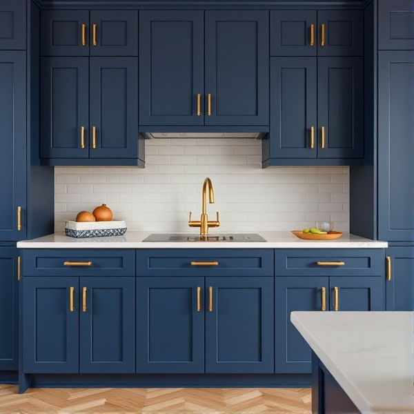front view navy kitchen cabinets with gold handles zoomed out