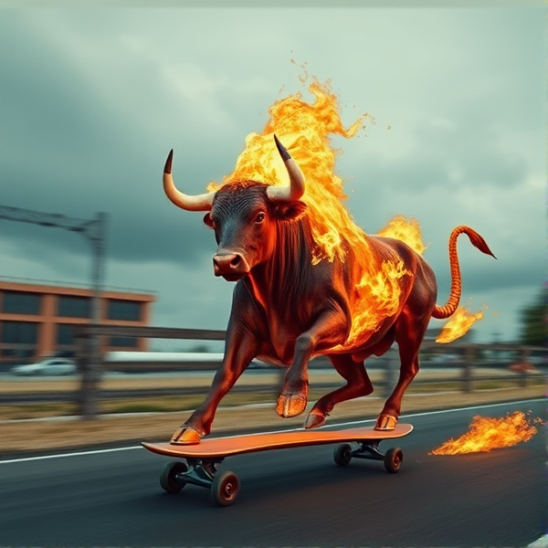 Giant flaming bull riding a skateboard