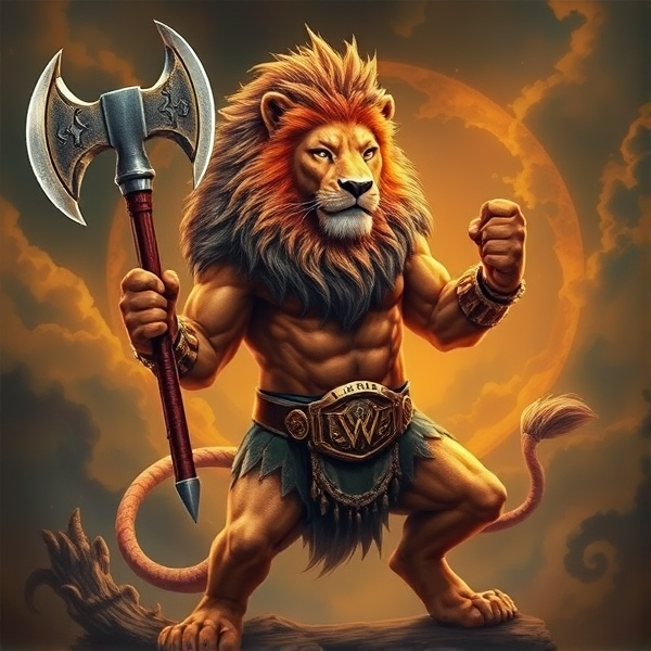Un Lion barbare dieux du soleil une hache comme Léo escanor, avec des poils de lion et une carrure imposante et avec la ceinture de LA KNIGHT le catcheur