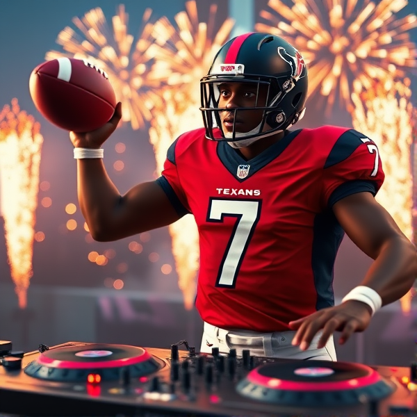 Animated black quarterback wearing number 7 jersey for Houston texans throwing a football and DJing with turntables. Pyrotechnics in background