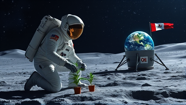 Un astronaute méticuleux revêtu d'une combinaison spatiale ornée de détails ultraréalistes se tient agenouillé avec une posture précise sur le sol gris et finement texturé de la lune, éclairé par un ciel nocturne profond constellé d'étoiles scintillantes aux multiples nuances. Il arbore un casque hautement réfléchissant qui capte les lueurs environnantes et des gants renforcés munis de systèmes de contrôle tactile. Concentré, il procède avec soin à planter des graines de cannabis dans les sols riches en nutriments du dôme biodôme lunaire transparent, où se déploie un réseau complexe de systèmes hydroponiques avancés accompagnés d'un éclairage artificiel spectre complet, conçu spécifiquement pour simuler les conditions idéales de croissance en milieu extraterrestre. En arrière-plan, se détache un module d'atterrissage spatial aux lignes nettes portant fièrement le logo du Québec, contrastant avec le paysage lunaire. La Terre apparaît majestueuse et riche en couleurs au-dessus de l'horizon lunaire, offrant une vue imprenable depuis cette colonie scientifique. Aux alentours immédiats du site d'expérimentation agricole spatiale sont dispersés des instruments scientifiques divers et ultra-précis utilisés pour mener à bien cette culture pionnière. Le drapeau québécois onde doucement sur le module, symbolisant la présence humaine dans ce nouveau monde.