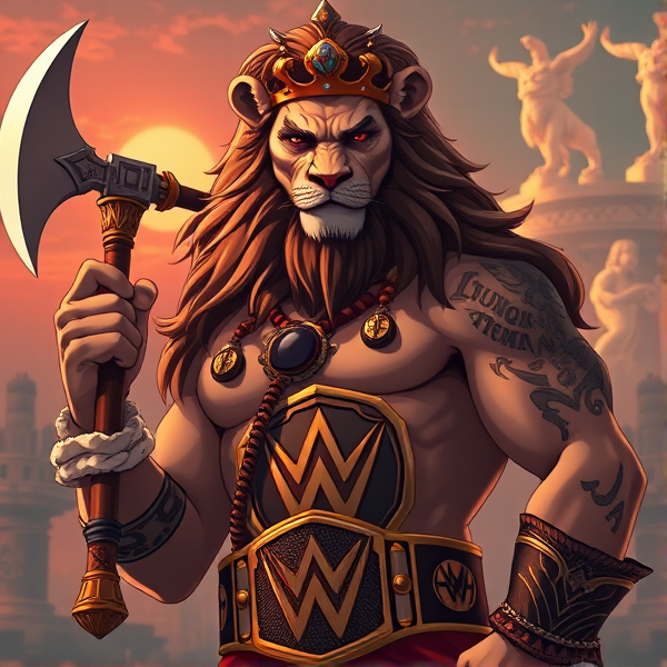 Un lion barbare dieux du soleil, il tien une hache dans la main, avec des poils de lion et une couronne et une carrure imposante et avec la ceinture de la wwe le catcheur et ces lunettes de soleil, il a un tatoo sur le bras écris YEAH!