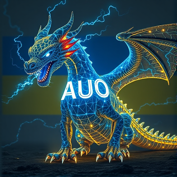 An intricately designed, streamlined dragon bearing the vivid acronym "AUO" on its chest in a radiant, blue electric luminous font that casts an electric glow, emanating waves of intense energy. The dragon's scales are a masterpiece of detailed circuit patterns that shimmer with a lifelike electrical pulse. From its nostrils, ethereal streams of digital smoke curl upwards, timed with the deep, resonant roars that showcase its electrified sharp fangs. As a respectful nod to tribute and unity, incorporate elements of the Ukrainian flag within the composition. This majestic creature resides in a desolate post-apocalyptic landscape that accentuates its powerful presence. In the background is the Ukrainian flag, a rectangle, with the top half blue and the bottom half yellow.