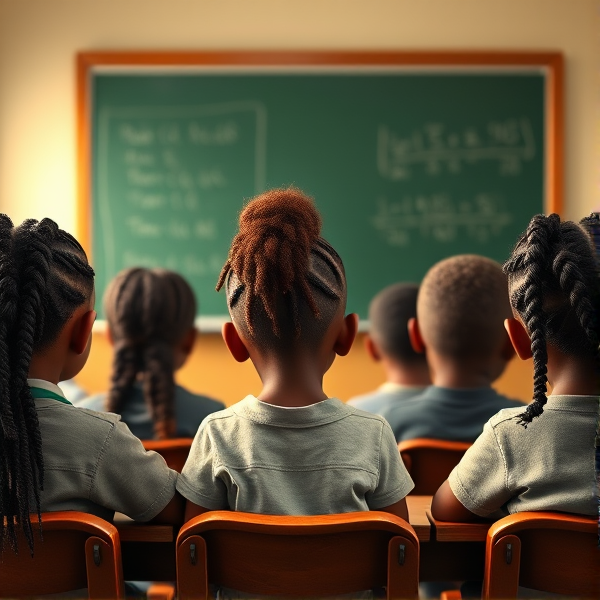 des filles noires de huit ans avec des tresses africaine et des garçons assis dans une classe face au tableau vert sur lequel il y a des calculs mathématiques