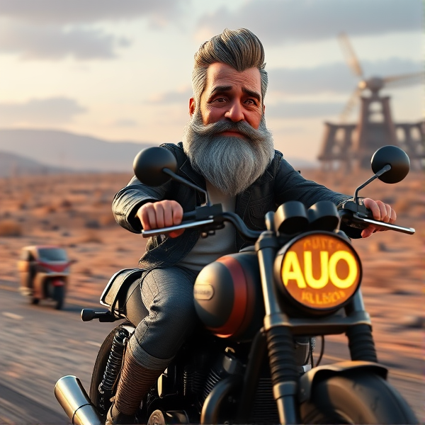A seasoned gentleman with distinguished slick salt-and-pepper hair and a full, well-groomed beard astride a rugged motorcycle, cruising through a desolate landscape indicative of a post-apocalyptic setting. The letters "AUO" are prominently illuminated on the motorcycle's fuel tank.
