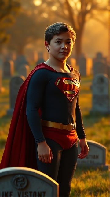1990's Movie Scene: Jon Kent, AKA Superboy, the young little 12-year old super son of Superman, and the first kid to be born as the world's first Half-Kryptonian child, with an extremely muscular body, the iconic costume, the singular curled bang sticking out at the front of his flat and smooth hair, and a long cape, standing in a graveyard, visiting the grave of his legendary, deceased father, and promises to take his place in the world and carry on his legacy through himself.