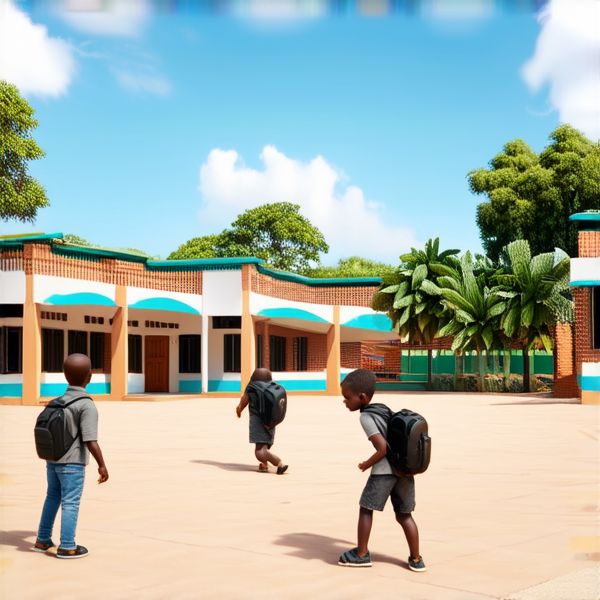 bâtiment d'une école primaire typique au gabon avec des enfants noirs avec des cartables jouant dans la cour, sous un ciel bleu clair