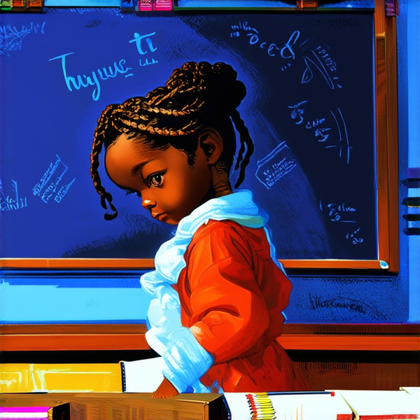 A 8 year-old African girl with intricate braided hair, standing confidently in a vibrant classroom environment, holding notebooks in her hands while facing a chalkboard filled with educational content