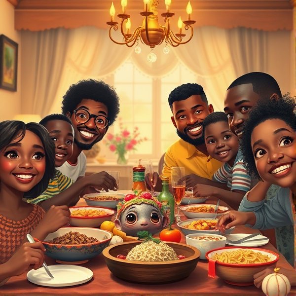 repas chaleureux d'une grande famille afro-américaine réunie autour d'une table festive, sourires et complicité, cuisine traditionnelle, intérieur accueillant