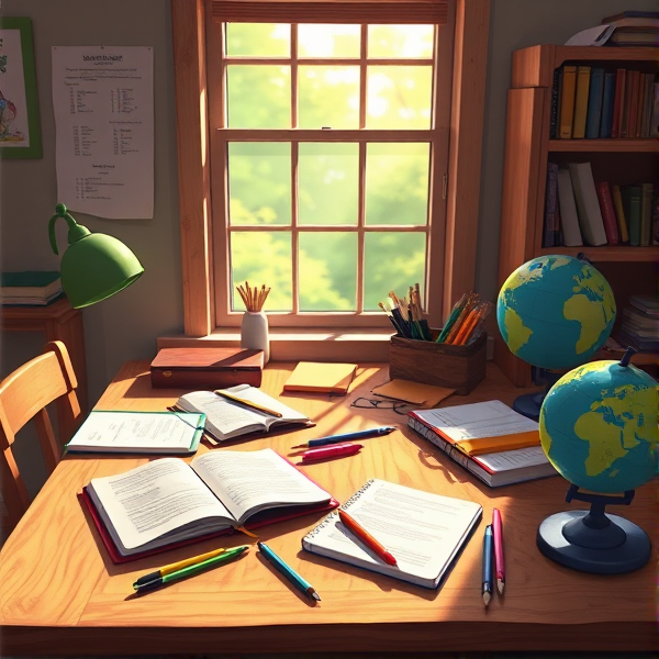 table en bois éclairée par la lumière naturelle de la fenêtre, couverte de fournitures scolaires comme des cahiers ouverts, des stylos, des crayons, une trousse et un globe terrestre  .