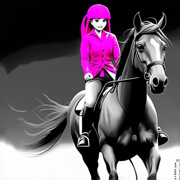 Une fille aux chauveux rose fushia, sur un cheval au galop